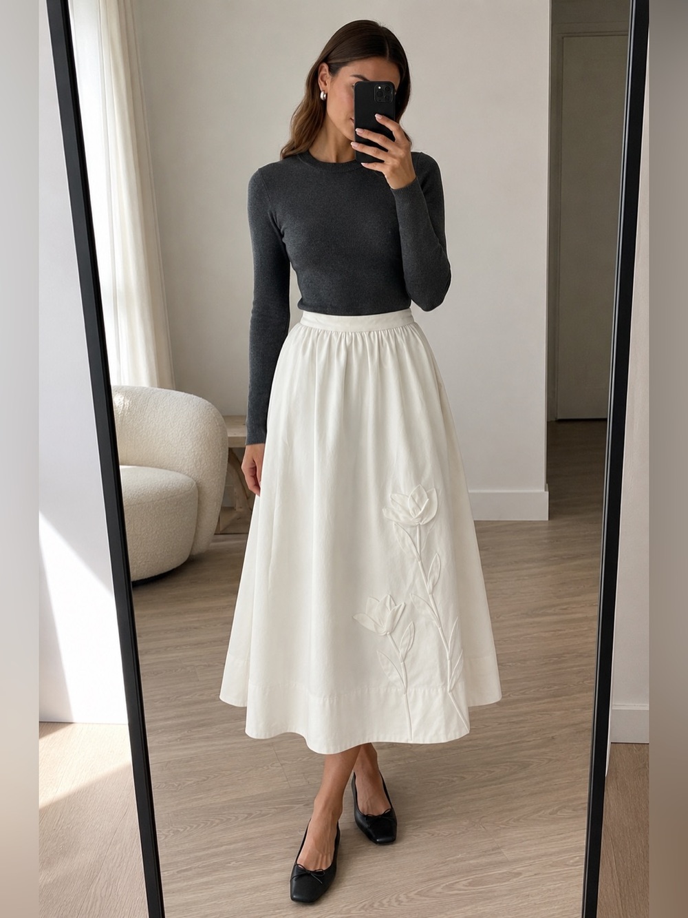 English Factory Floral Appliqué Midi Skirt White Cotton A-Line Size S NWT